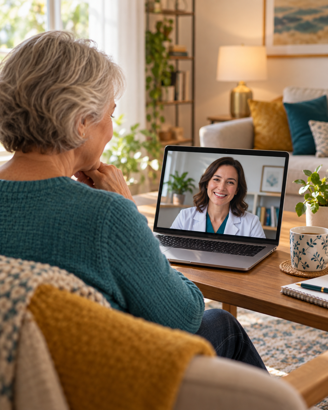 An older adult participating in a telehealth consultation with a healthcare professional fully visible on the laptop screen