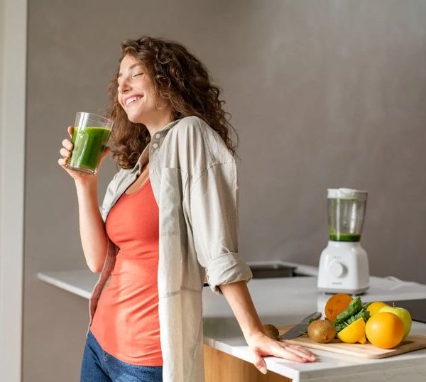 A woman embracing a healthy lifestyle at home