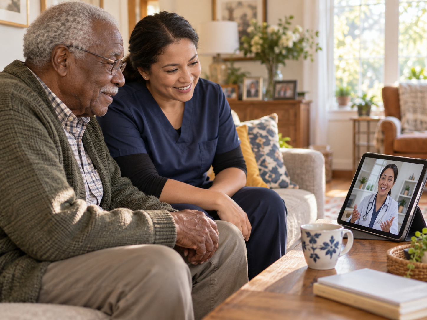 A home care provider and older adult connecting with a healthcare professional through a telehealth visit